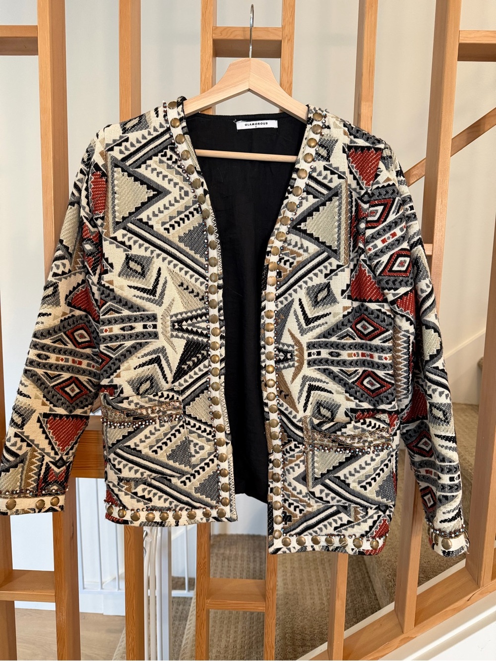 Glamorous Embroidered Geometric Open-Front Jacket in Black, Cream & Rust